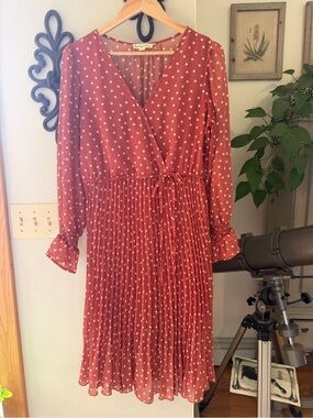 Rust Red Polka Dot Wrap Midi Dress with Pleated Skirt